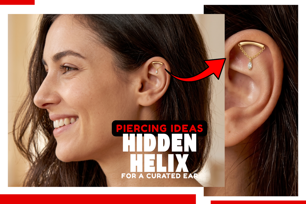 Image of a female model wearing a hidden helix piercing and smiling 