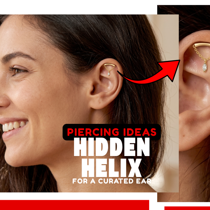 Image of a female model wearing a hidden helix piercing and smiling 