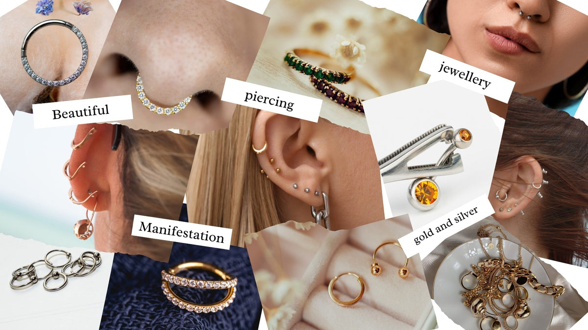 Display of a mood board with multiple piercings like nose rings and ear piercings