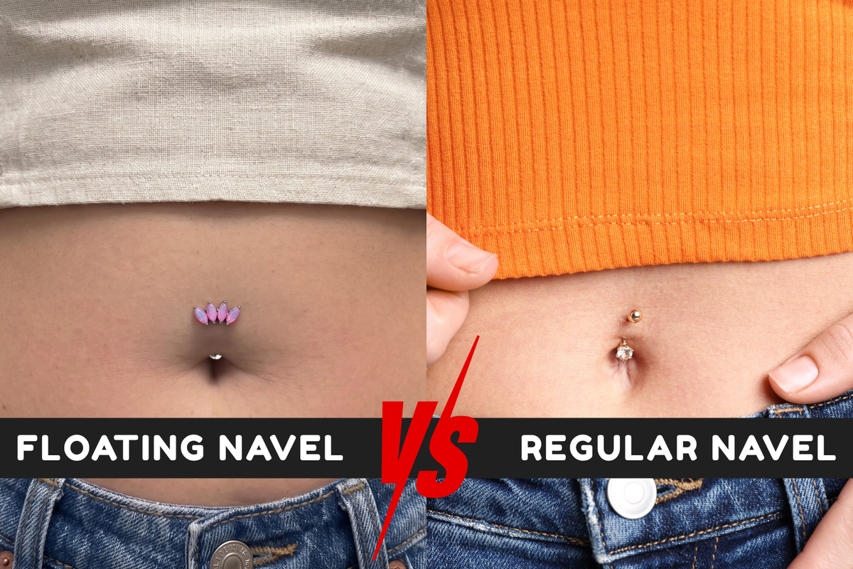 two females wearing regular belly piercing and floating nevel piercing each. with a comparison 