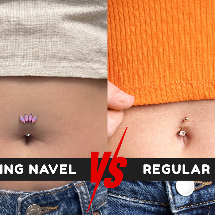 two females wearing regular belly piercing and floating nevel piercing each. with a comparison 