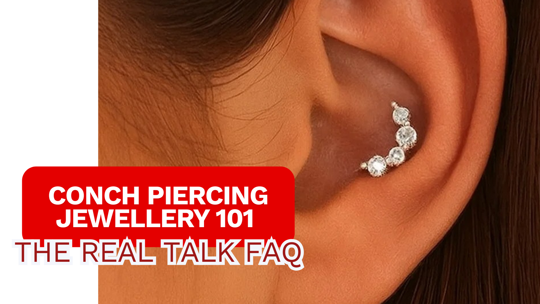close up of female model wearing conch piercing that is a flat back with gems