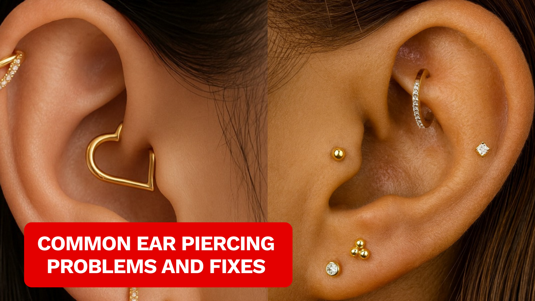 close up of a female ear showing multiple ear piercings 