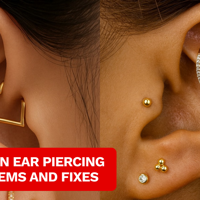 close up of a female ear showing multiple ear piercings 