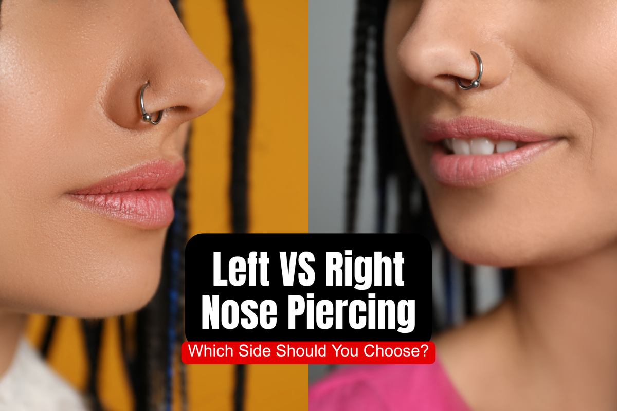 Graphic titled 'Left or Right? Nose Piercing Guide' showing side profile line art of left and right nostrils with four step icons: daylight mirror, gem test, check angles, and facial symmetry