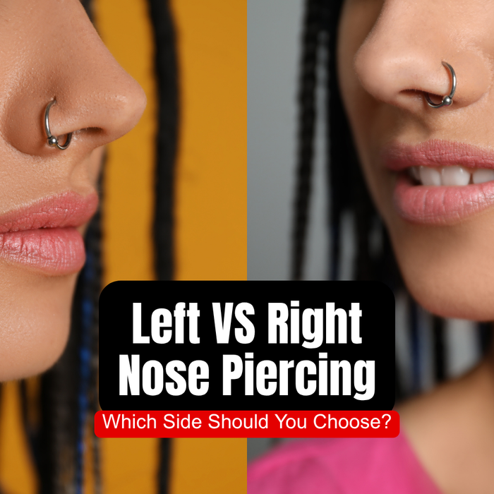 Graphic titled 'Left or Right? Nose Piercing Guide' showing side profile line art of left and right nostrils with four step icons: daylight mirror, gem test, check angles, and facial symmetry