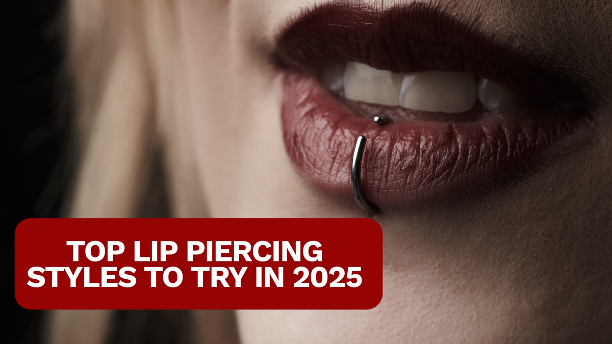 close up of female model wearing lip piercing and lip ring