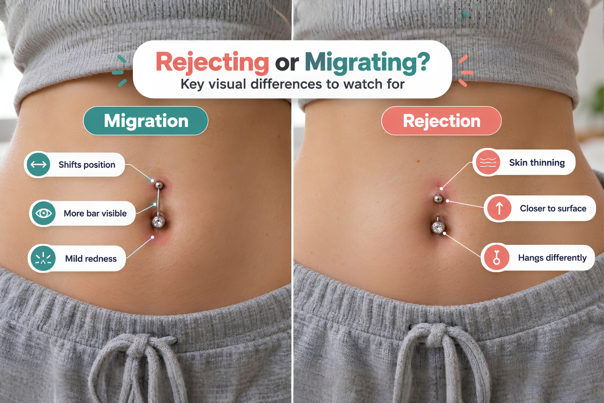 Belly button piercing migration vs rejection illustration showing jewelry movement, thinning skin, and piercing rejection signs