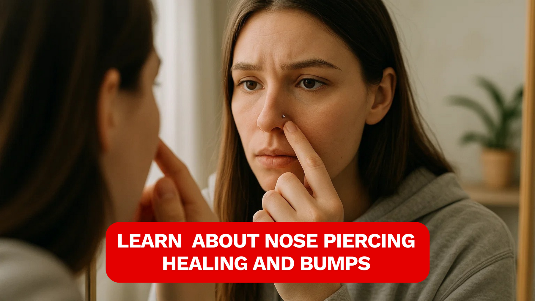 close up of female touching nose piercing while her reflection is worried from piercing bumps