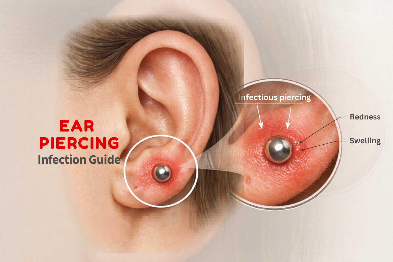 ar piercing infection guide showing swollen, red earlobe with infected stud piercing