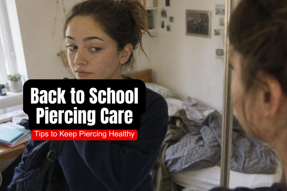 College student getting ready for school with subtle helix and lobe piercings and a backpack.