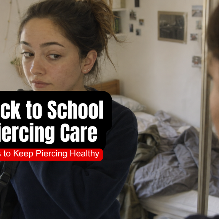 College student getting ready for school with subtle helix and lobe piercings and a backpack.