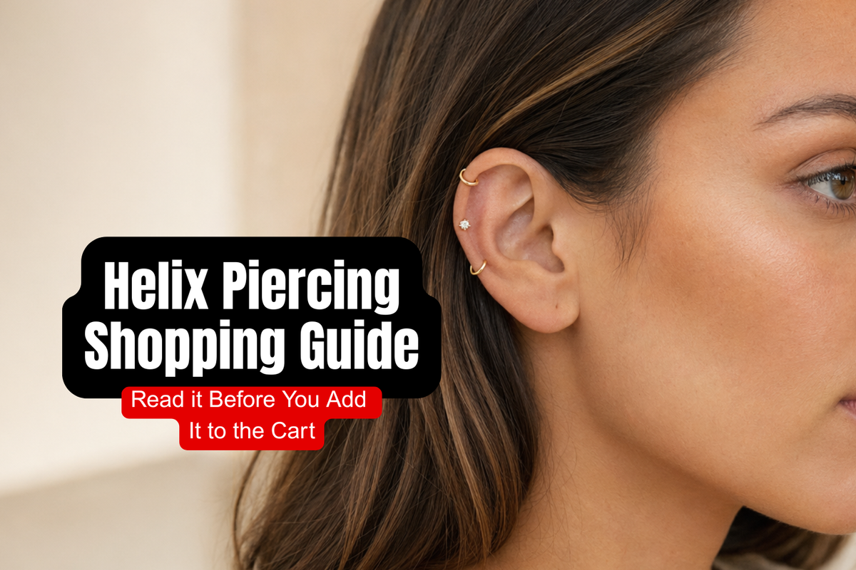 Female model wearing a delicate gold hoop in the upper helix of her ear.