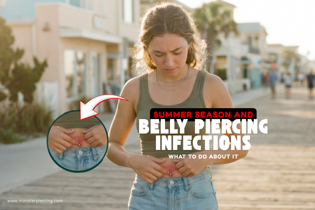Summer lifestyle photo of a woman with a belly piercing, illustrating why belly piercing infections are more common during hot weather.