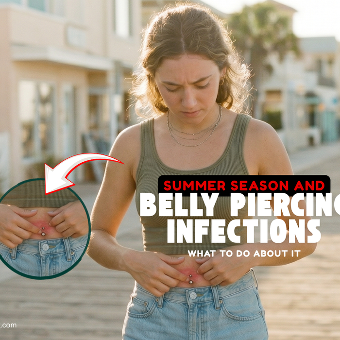 Summer lifestyle photo of a woman with a belly piercing, illustrating why belly piercing infections are more common during hot weather.