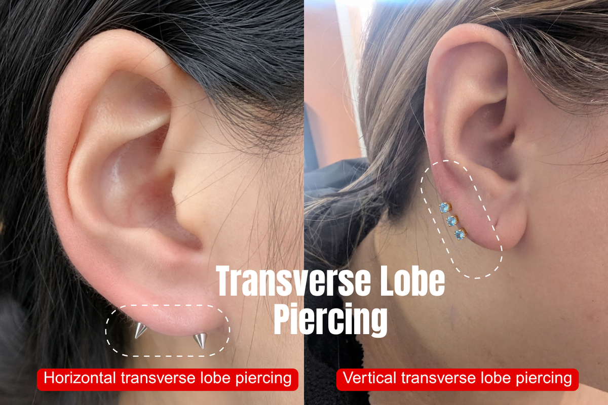 Comparison of horizontal and vertical transverse lobe piercings with barbell jewellery