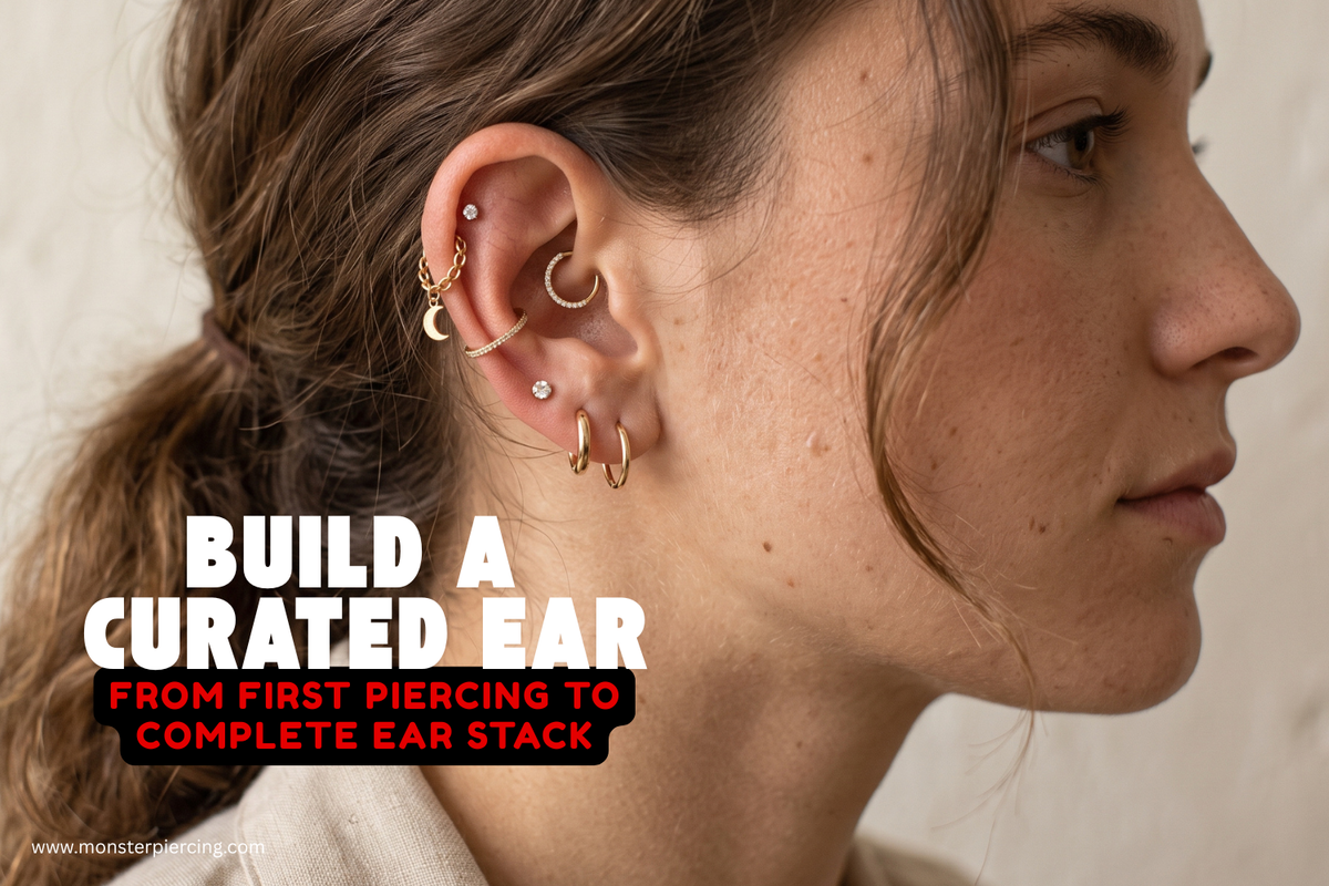 Model wearing a curated ear stack with gold hoops, cartilage studs and multiple lobe piercings