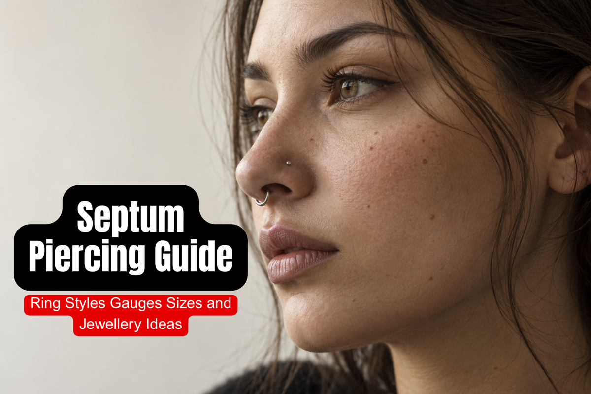 Close-up of a model with a pretty septum piercing styled with a delicate silver clicker and natural makeup