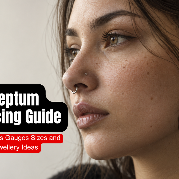 Close-up of a model with a pretty septum piercing styled with a delicate silver clicker and natural makeup