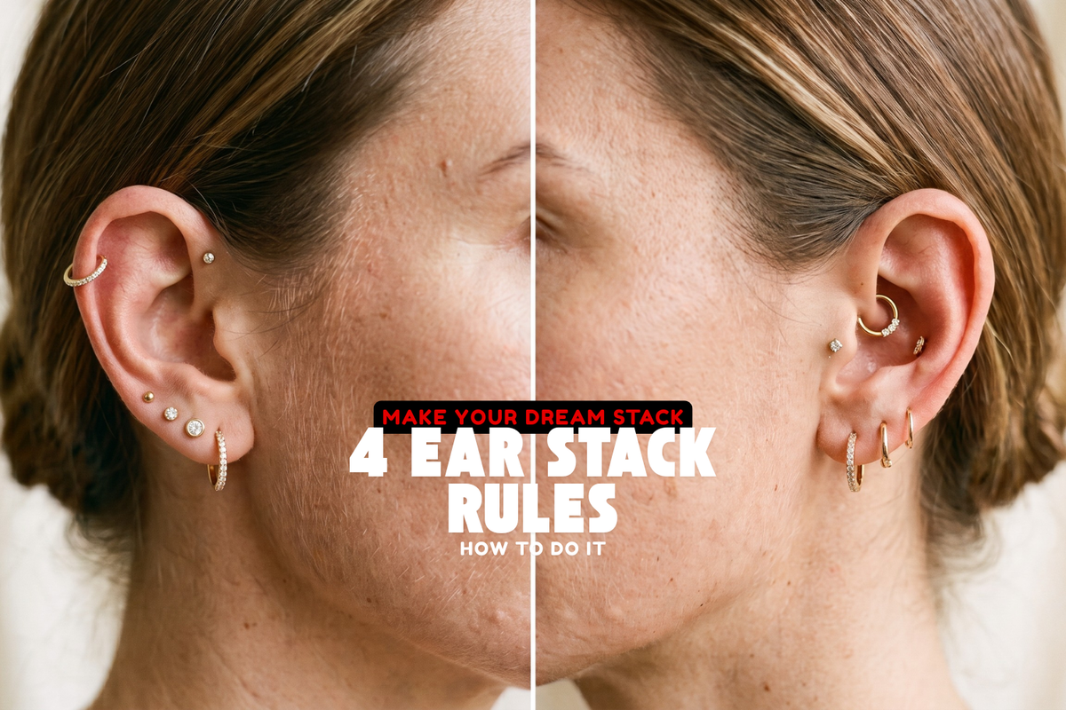 Balanced asymmetrical ear stack with gold helix, conch, tragus and multiple lobe piercings