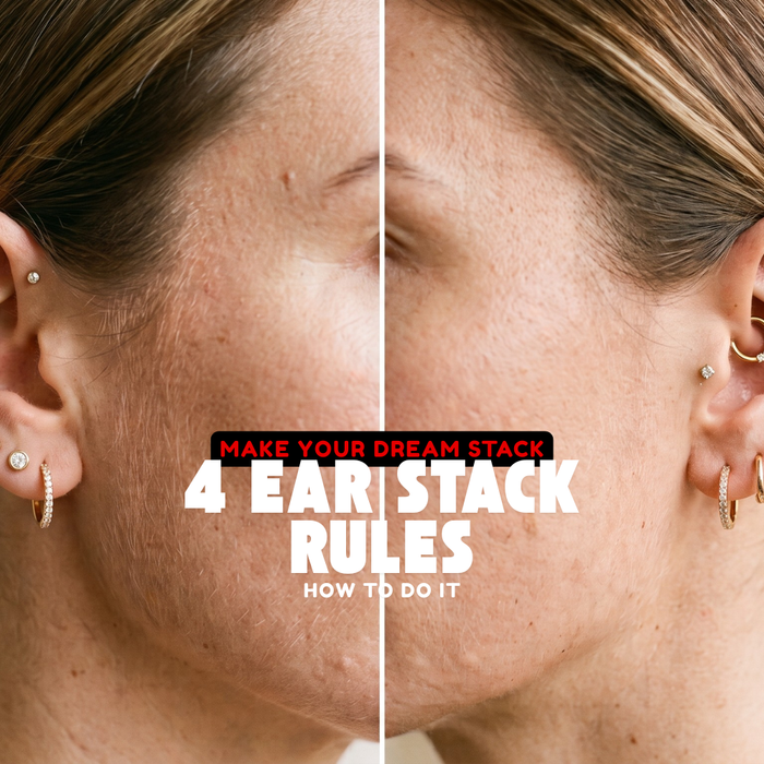 Balanced asymmetrical ear stack with gold helix, conch, tragus and multiple lobe piercings