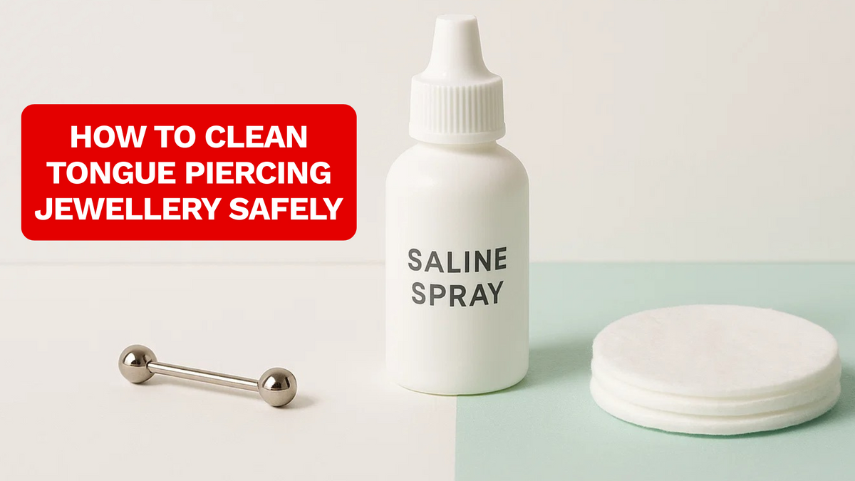 A close up of tongue piercing cleaning products on a white display