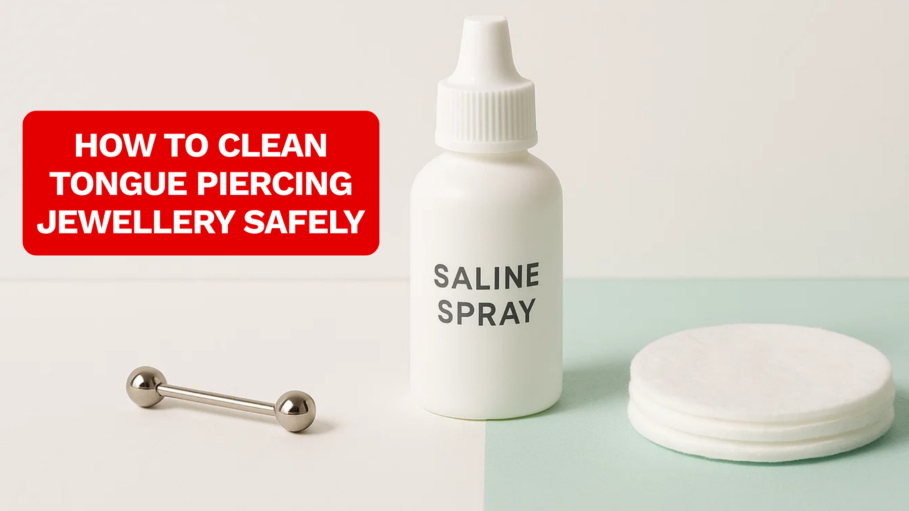 A close up of tongue piercing cleaning products on a white display