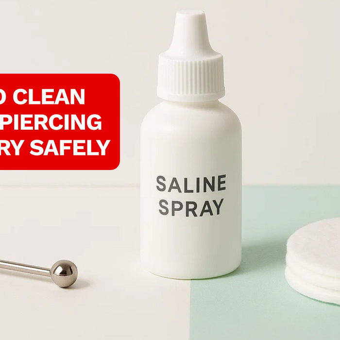 A close up of tongue piercing cleaning products on a white display