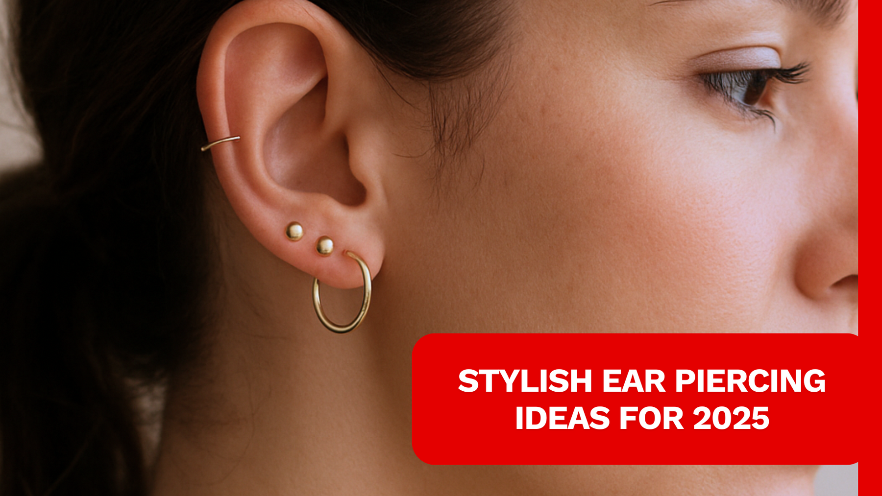 close up of a model wearing lobe piercing, upper lobe piercing and helix piercing