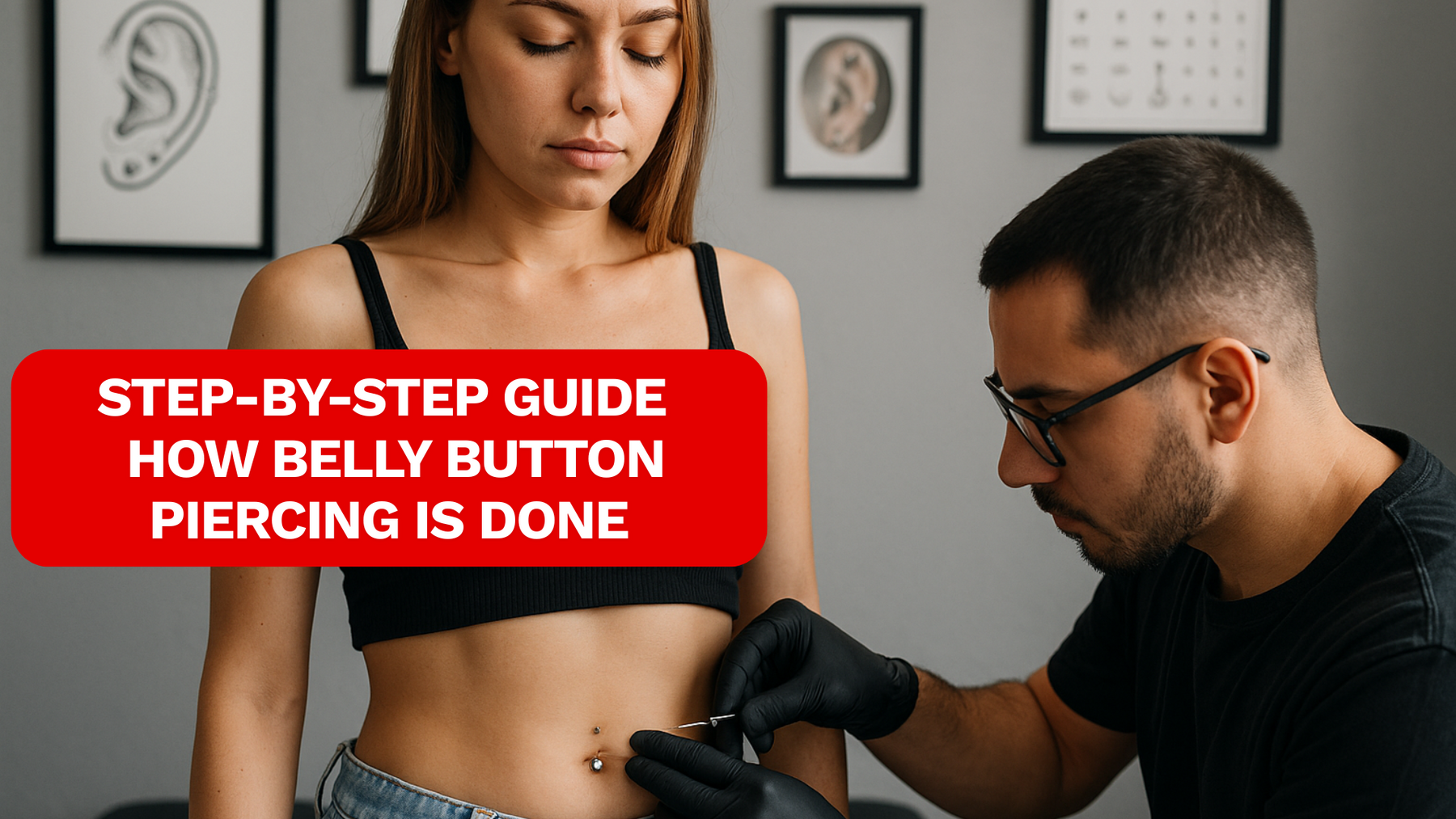 female standing in a piercing studio getting a belly piercing