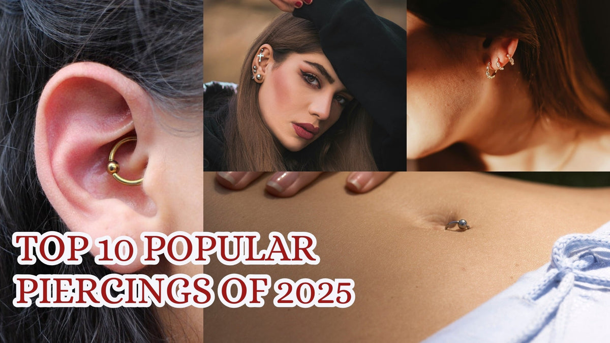 A collection of stylish facial piercings, including nose rings and eyebrow piercings