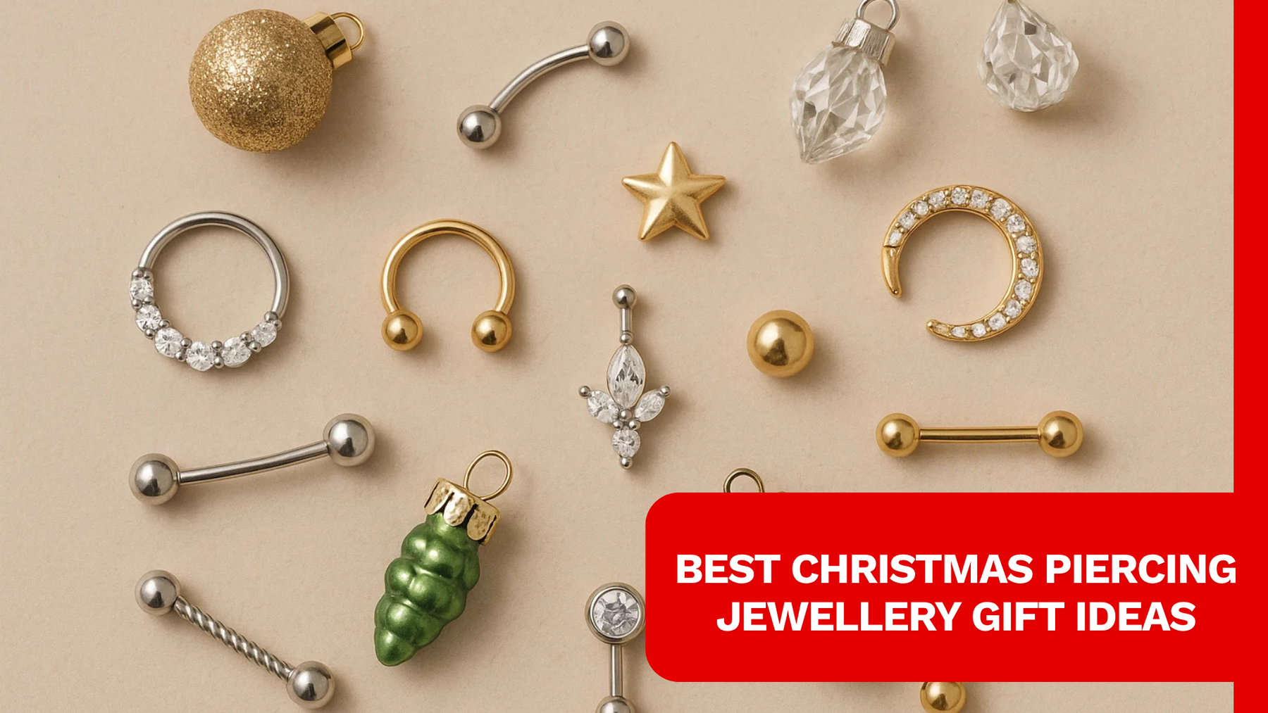 A display of multiple piercing jewelry like flat back, septum hoops on a surface