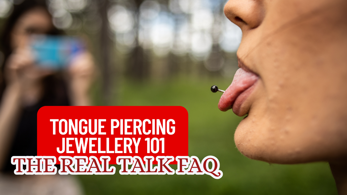 Model with classic center tongue piercing showing off a sleek titanium barbell while smiling subtly