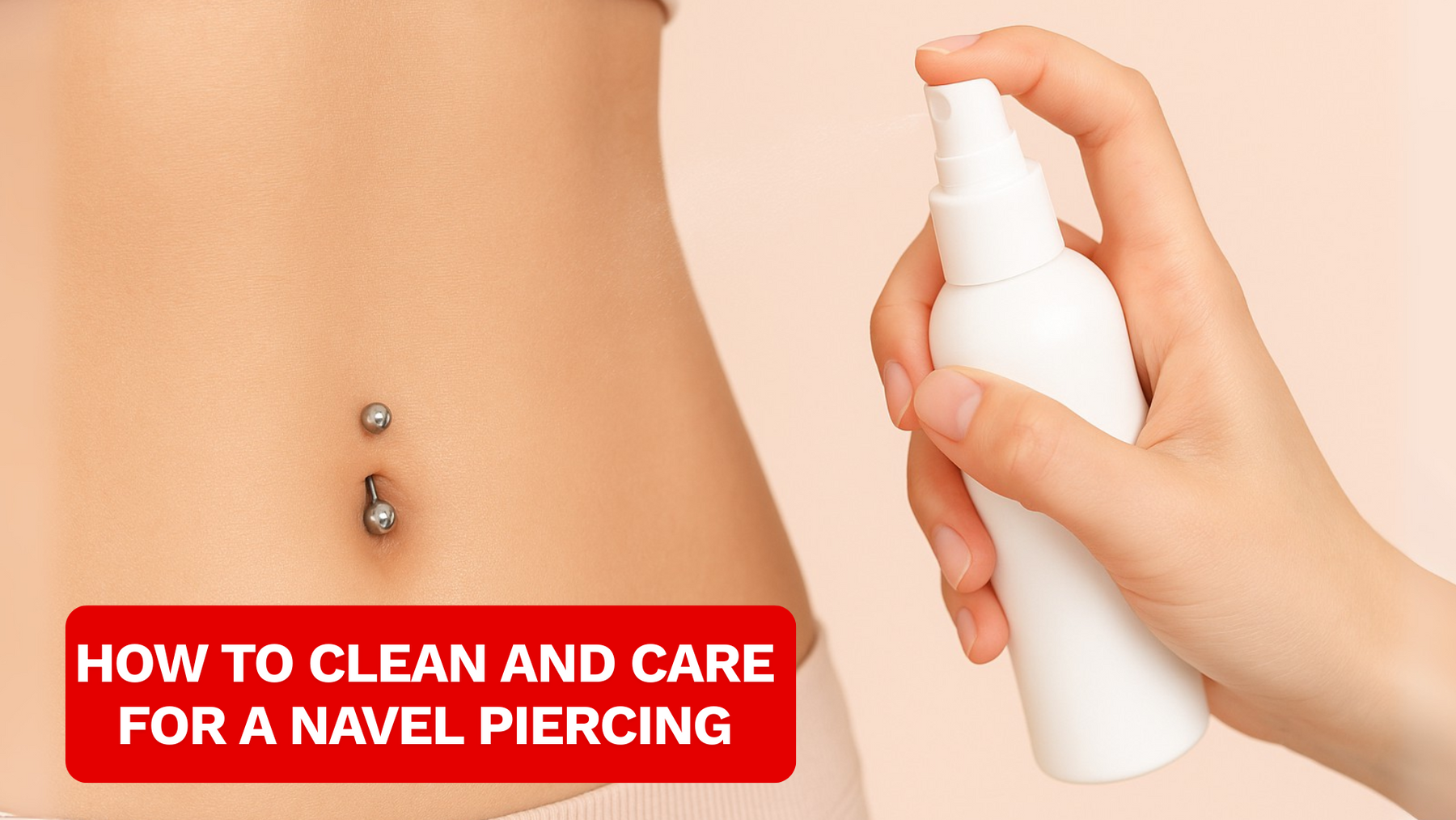 close up of a female belly wearing belly bar and sprying saline solution on it