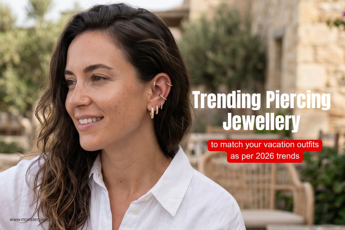 Woman wearing vacation outfit with ear stack, nose jewellery, septum ring and belly piercing for 2026 styling