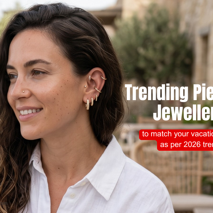 Woman wearing vacation outfit with ear stack, nose jewellery, septum ring and belly piercing for 2026 styling