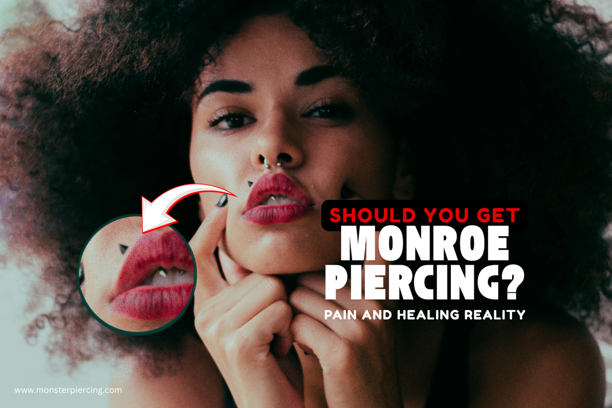 Female model wearing small monroe piercing jewelry also known as upper lip piercing jewelry