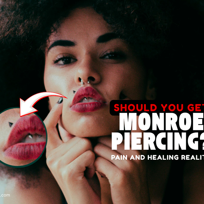 Female model wearing small monroe piercing jewelry also known as upper lip piercing jewelry
