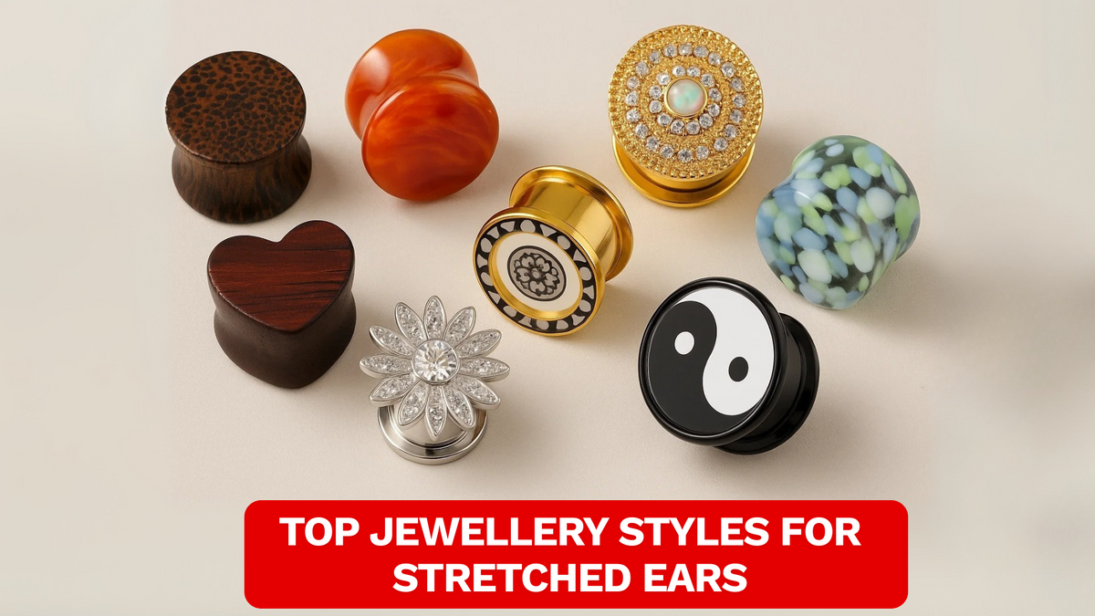 Display of multiple ear plugs on a surface the jewelry used for stretched ears 