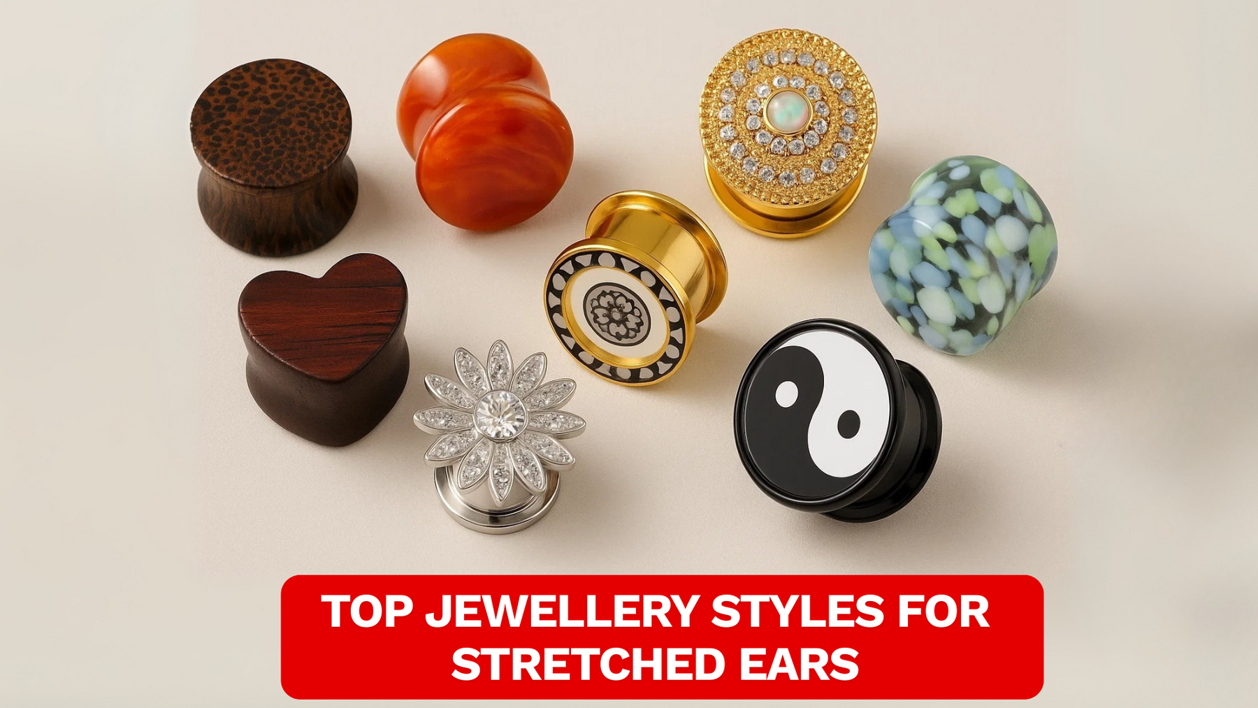 Display of multiple ear plugs on a surface the jewelry used for stretched ears 