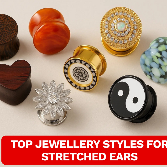 Display of multiple ear plugs on a surface the jewelry used for stretched ears 