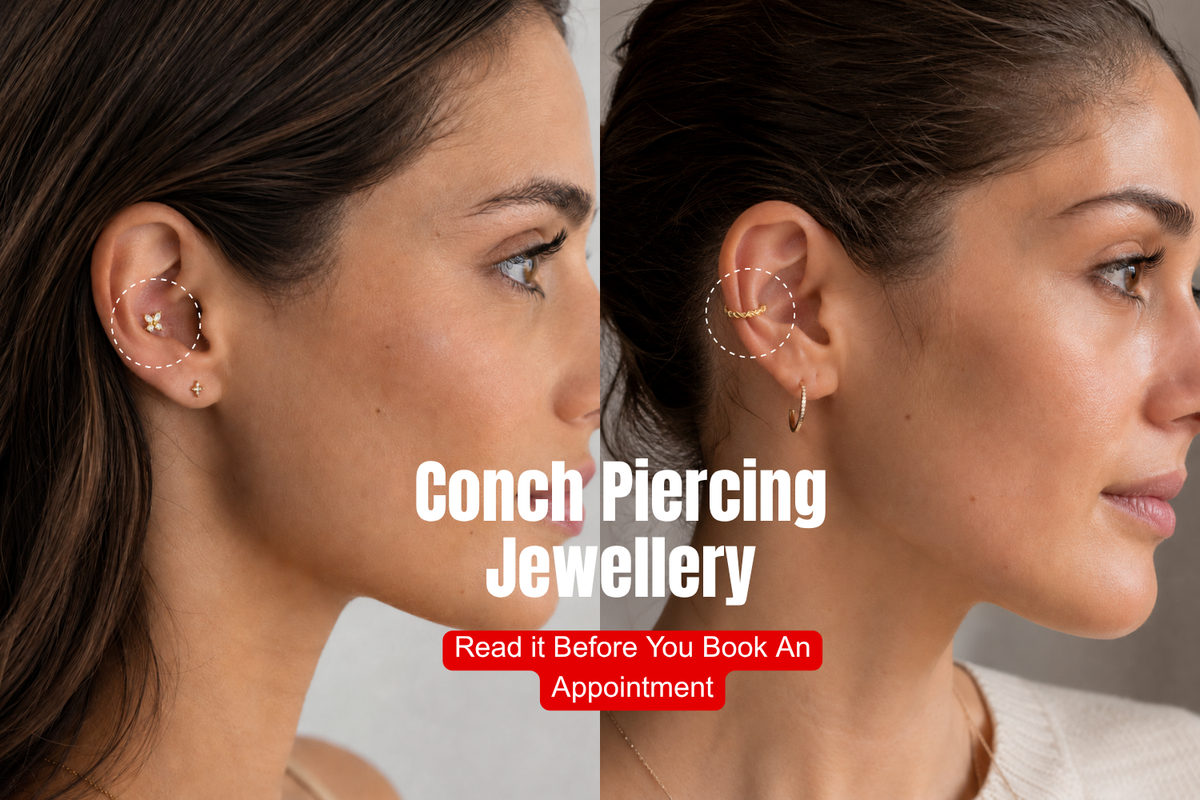 Women wearing a gold full ear stack with an inner conch piercing, photographed in natural light for piercing jewelry inspiration.