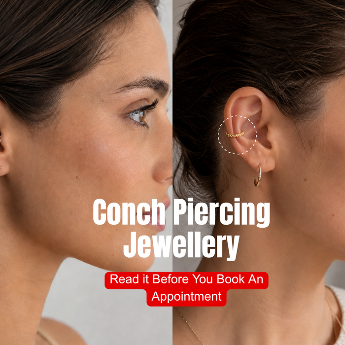 Women wearing a gold full ear stack with an inner conch piercing, photographed in natural light for piercing jewelry inspiration.