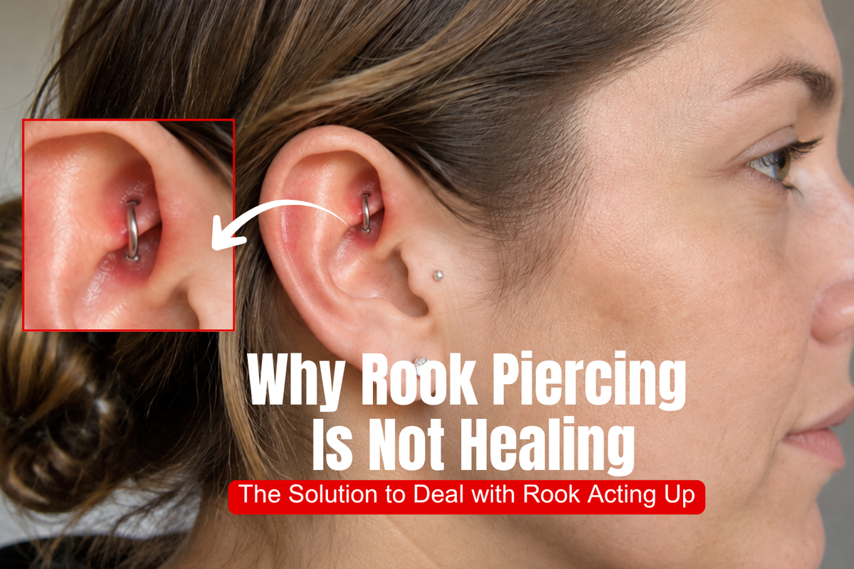 Close-up of a rook ear piercing fitted with a curved barbell