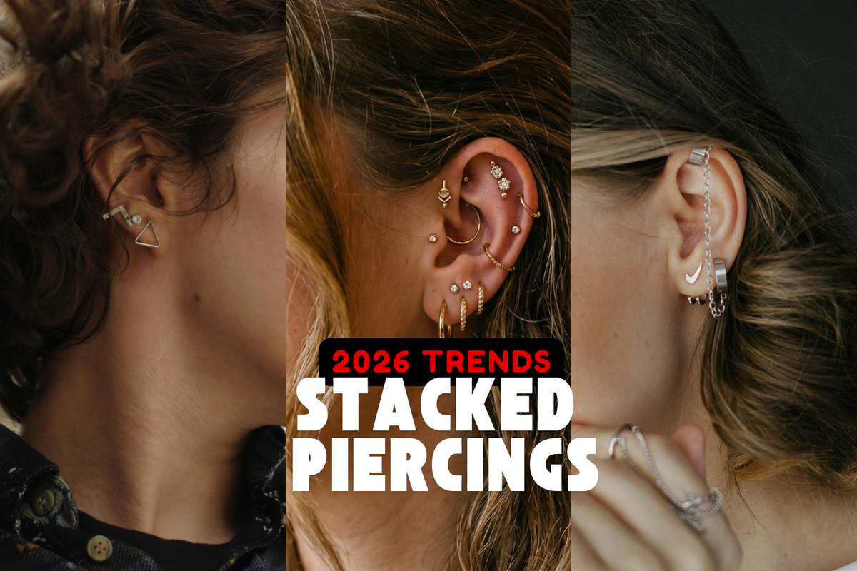 3 females with ear close up showing fully curated ear with helix piercing, lobe piercing, rook piercing, daith piercing and conch piercing