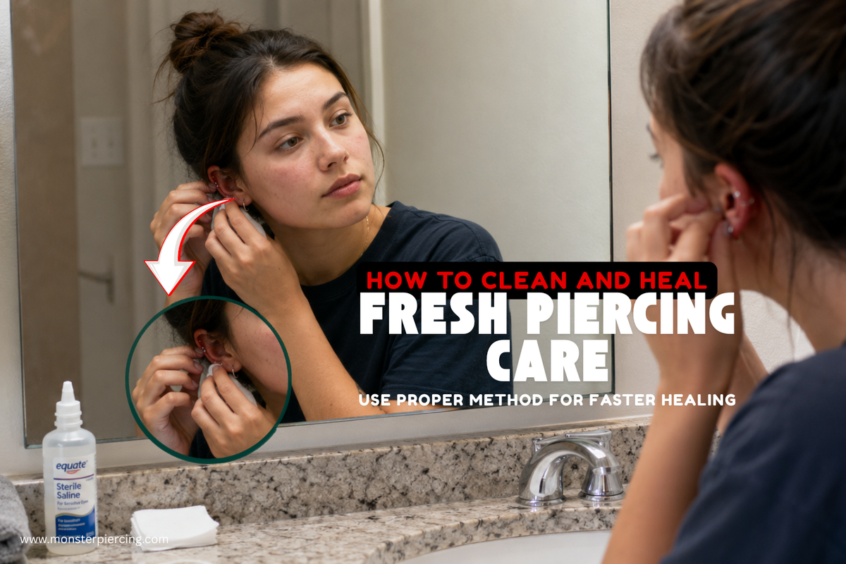 Woman checking a new ear piercing in a bathroom mirror with saline aftercare products nearby