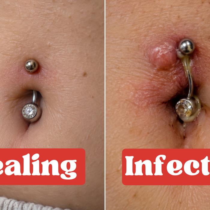 side by side comparison of an infected belly piercing and normal belly piercing healing