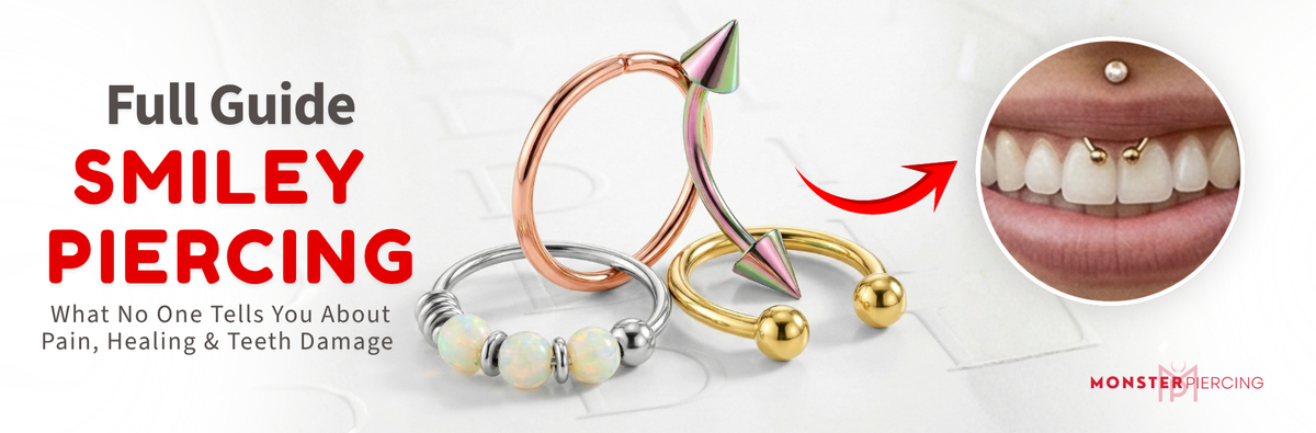 Close up of smiley piercing ring on a plain surface. There is hoop piercing, curverd barbell and horseshoe piercing in here 
