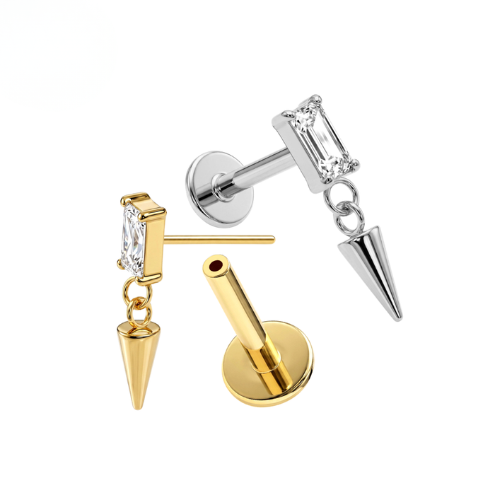 G23 Titanium Baguette CZ Spike Drop Threadless Flatback Stud