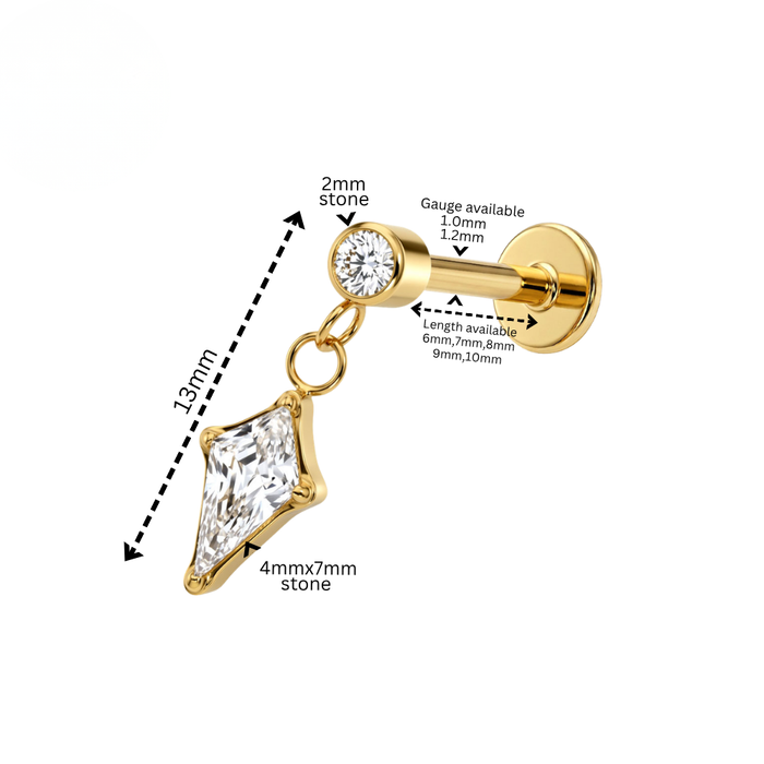 G23 Titanium Round & Kite CZ Drop Threadless Flatback Stud